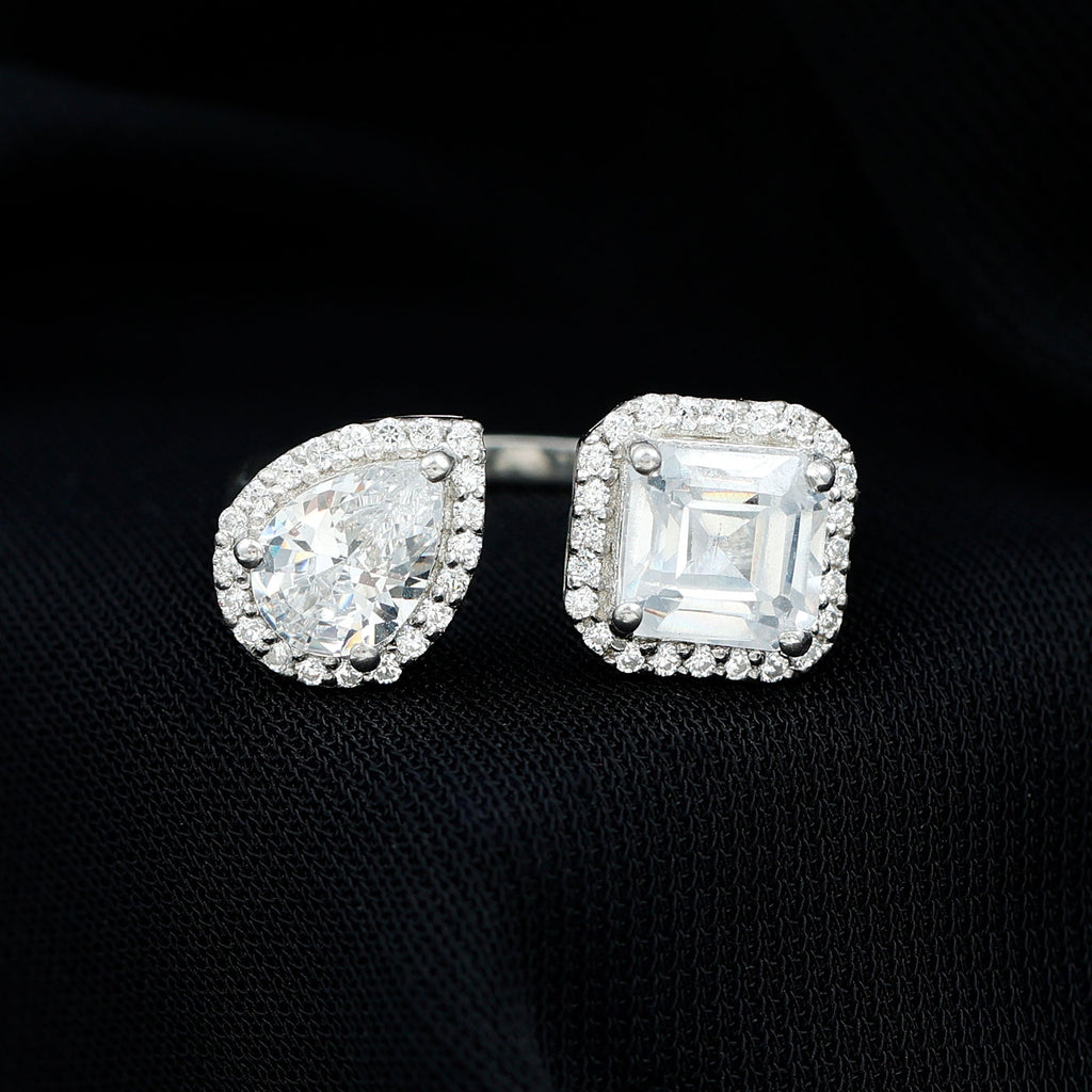 Asscher and Pear Cut Moissanite Two Stone Engagement Ring