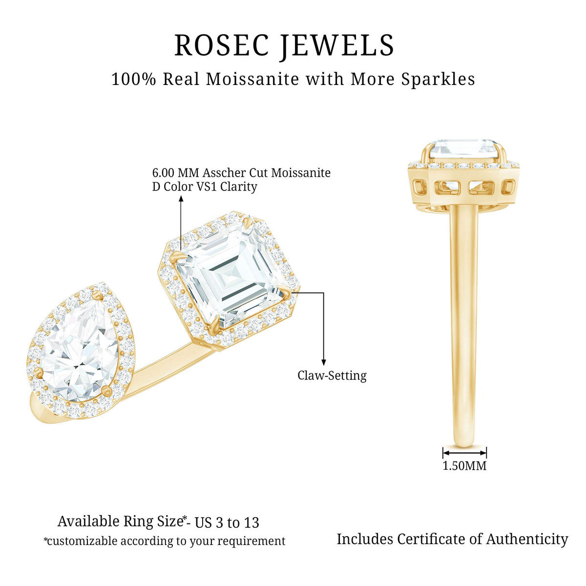 Asscher and Pear Cut Moissanite Two Stone Engagement Ring