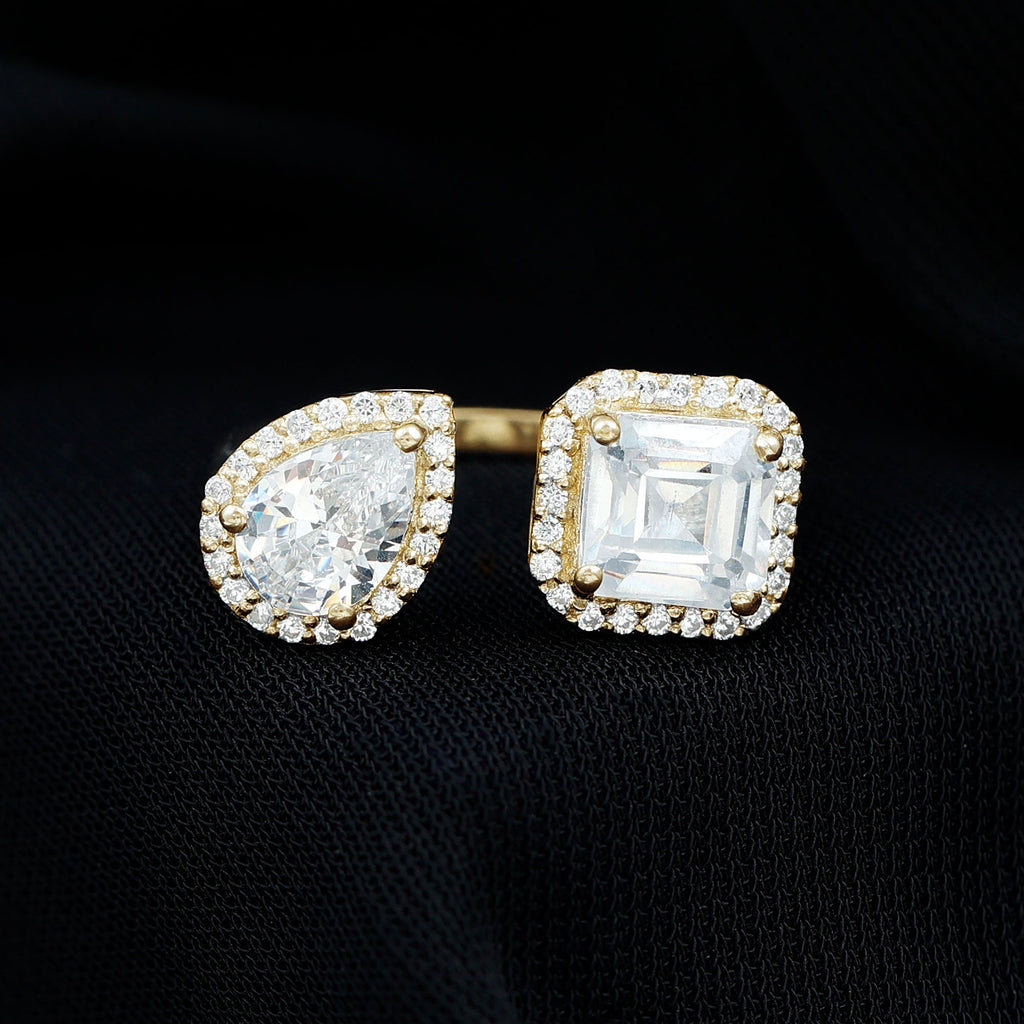 Asscher and Pear Cut Moissanite Two Stone Engagement Ring