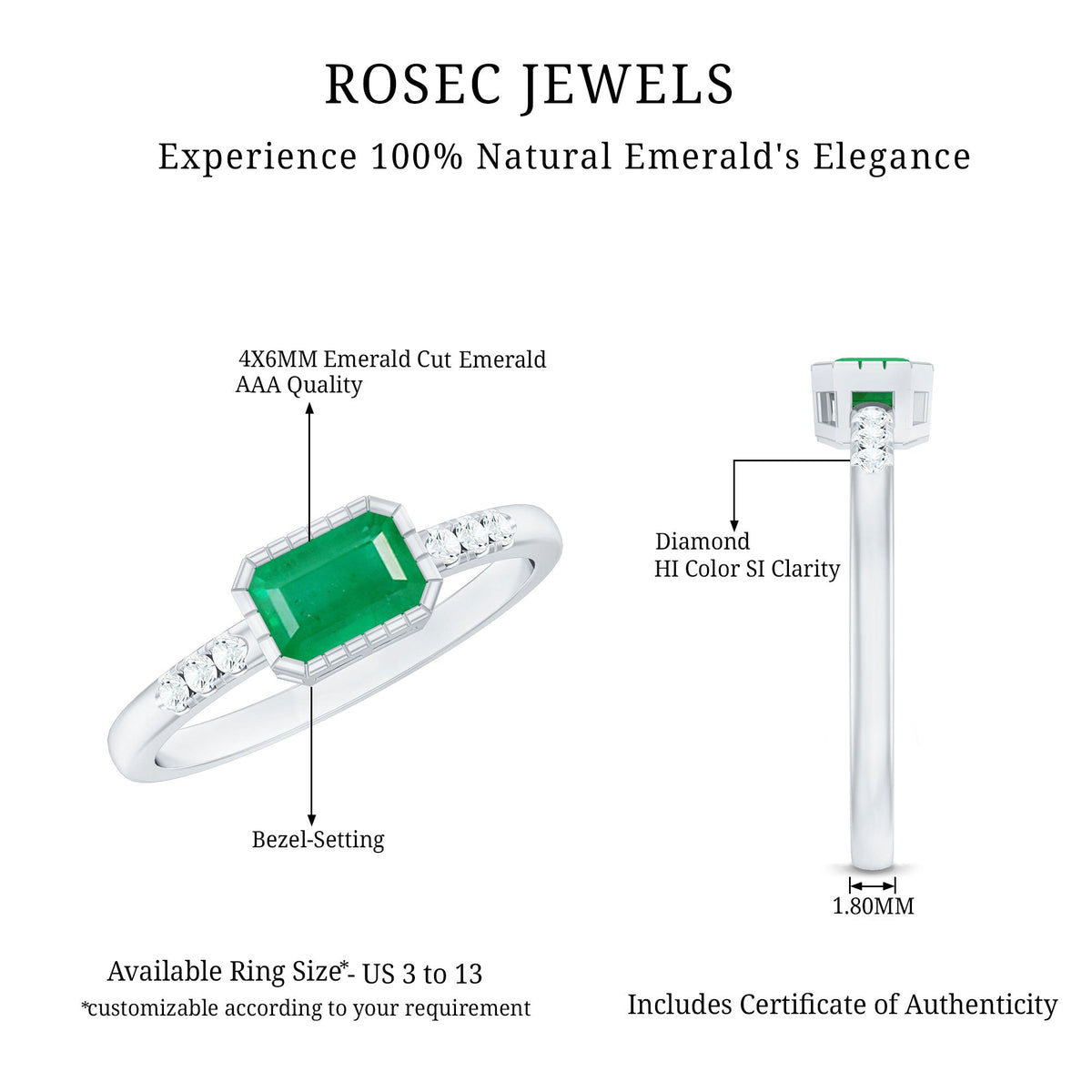 Natural Emerald Diamond Emerald Cut Engagement Ring in East West Style