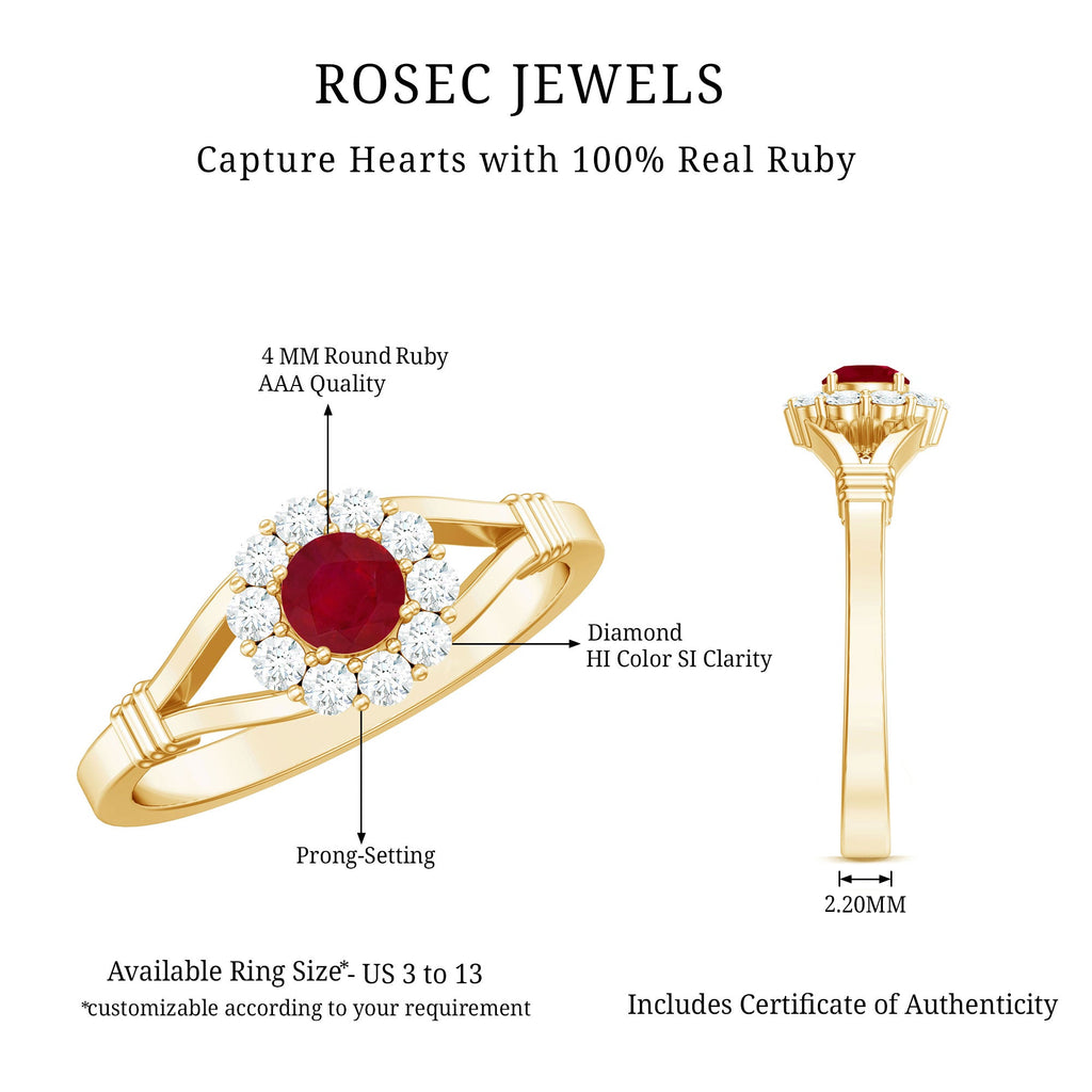 Minimal Ruby Diamond Halo Engagement Ring with Split Shank