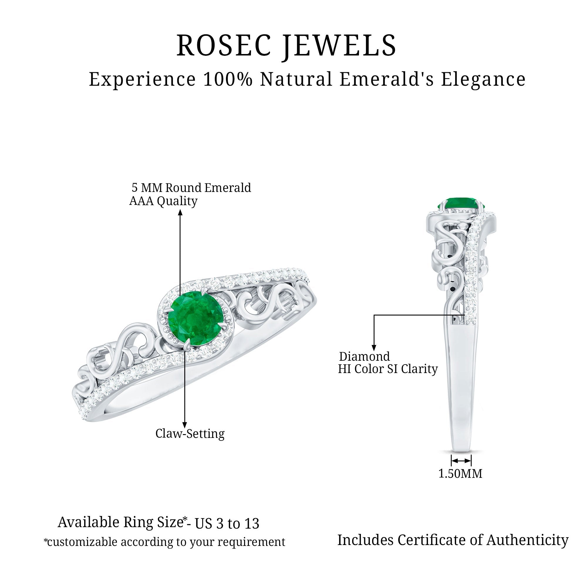 Vintage Style Emerald Engagement Ring with Diamond Bypass Shank