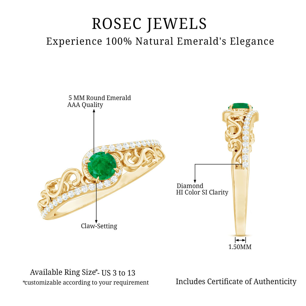 Vintage Style Emerald Engagement Ring with Diamond Bypass Shank