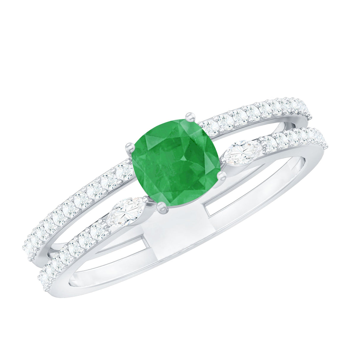 Natural Cushion Cut Emerald Diamond Double Band Engagement Ring