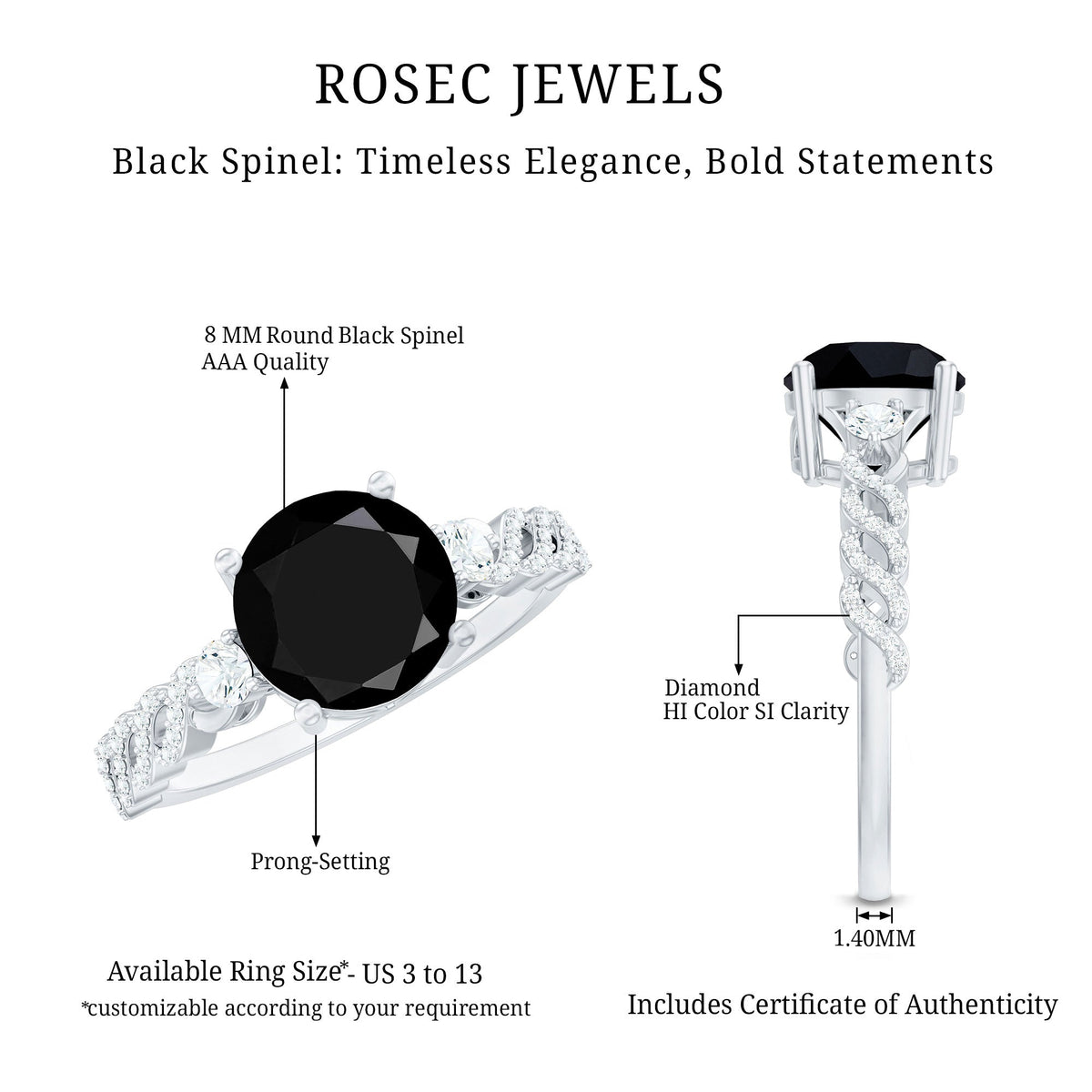 Designer 2.6 Carat Black Spinel Engagement Ring with Diamond