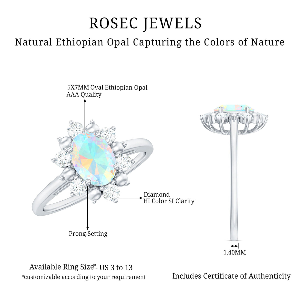 Natural 0.9 Carat Opalescent Oval Engagement Ring with Diamond Halo