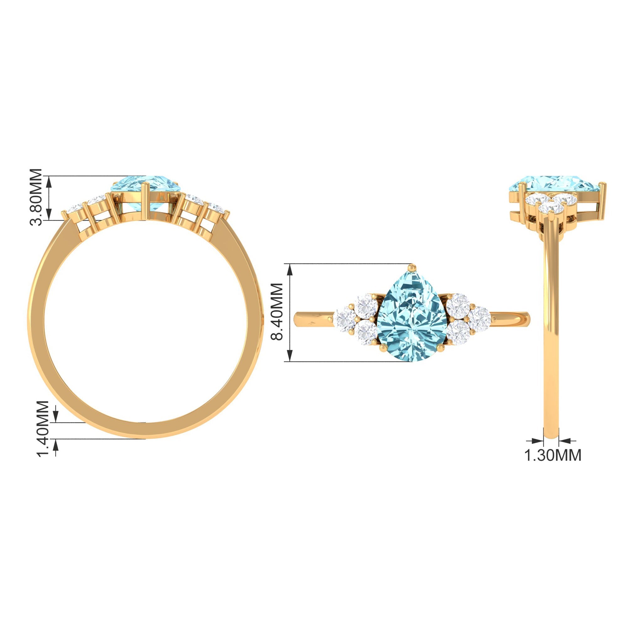 Genuine Aquamarine Teardrop Engagement Ring with Diamond Trio
