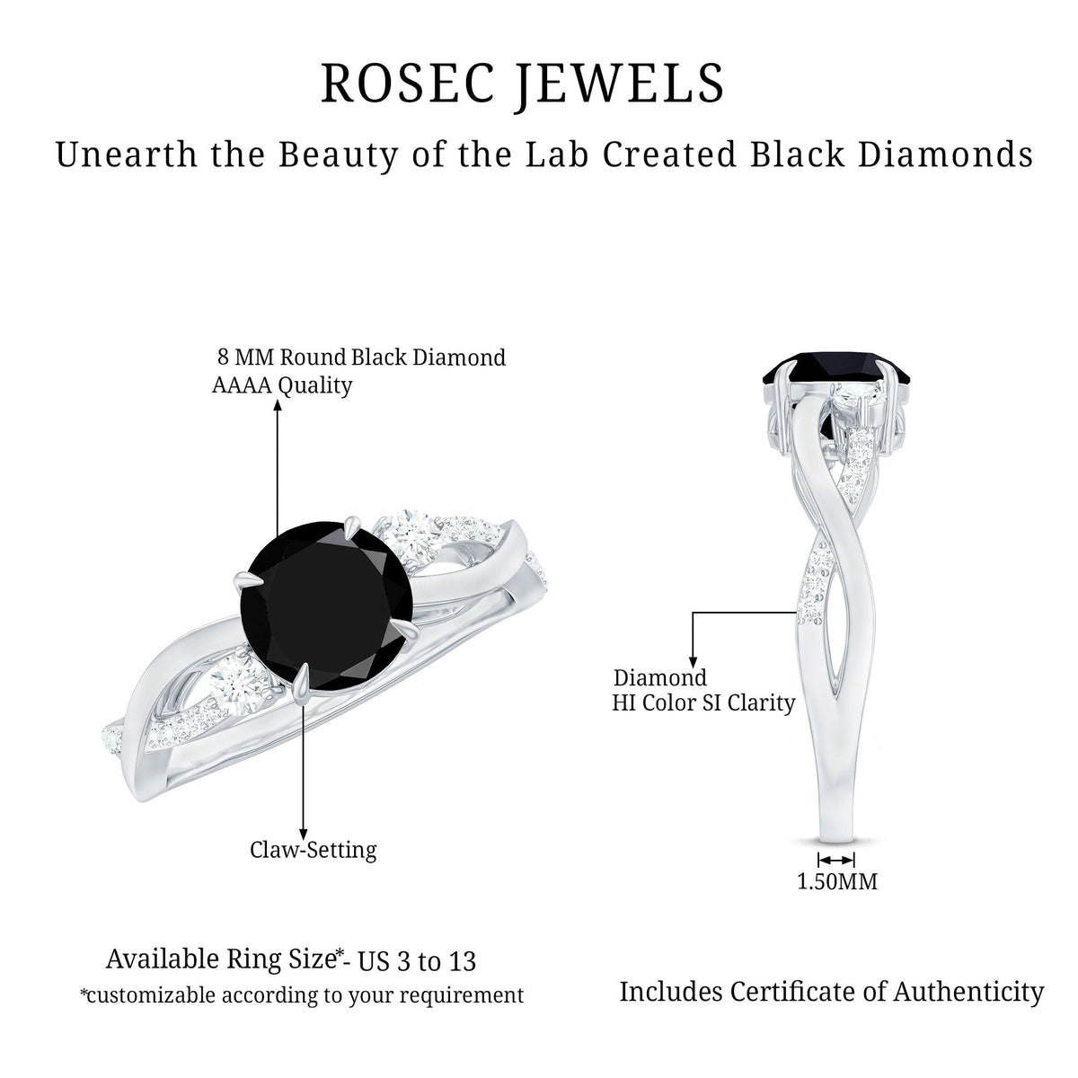 2 Carat Lab Grown Black and White Diamond Engagement Ring with Crossover Shank