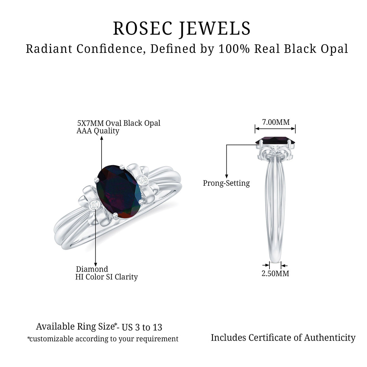 0.9 Carat Oval Cut Black Opal Solitaire Engagement Ring with Diamond