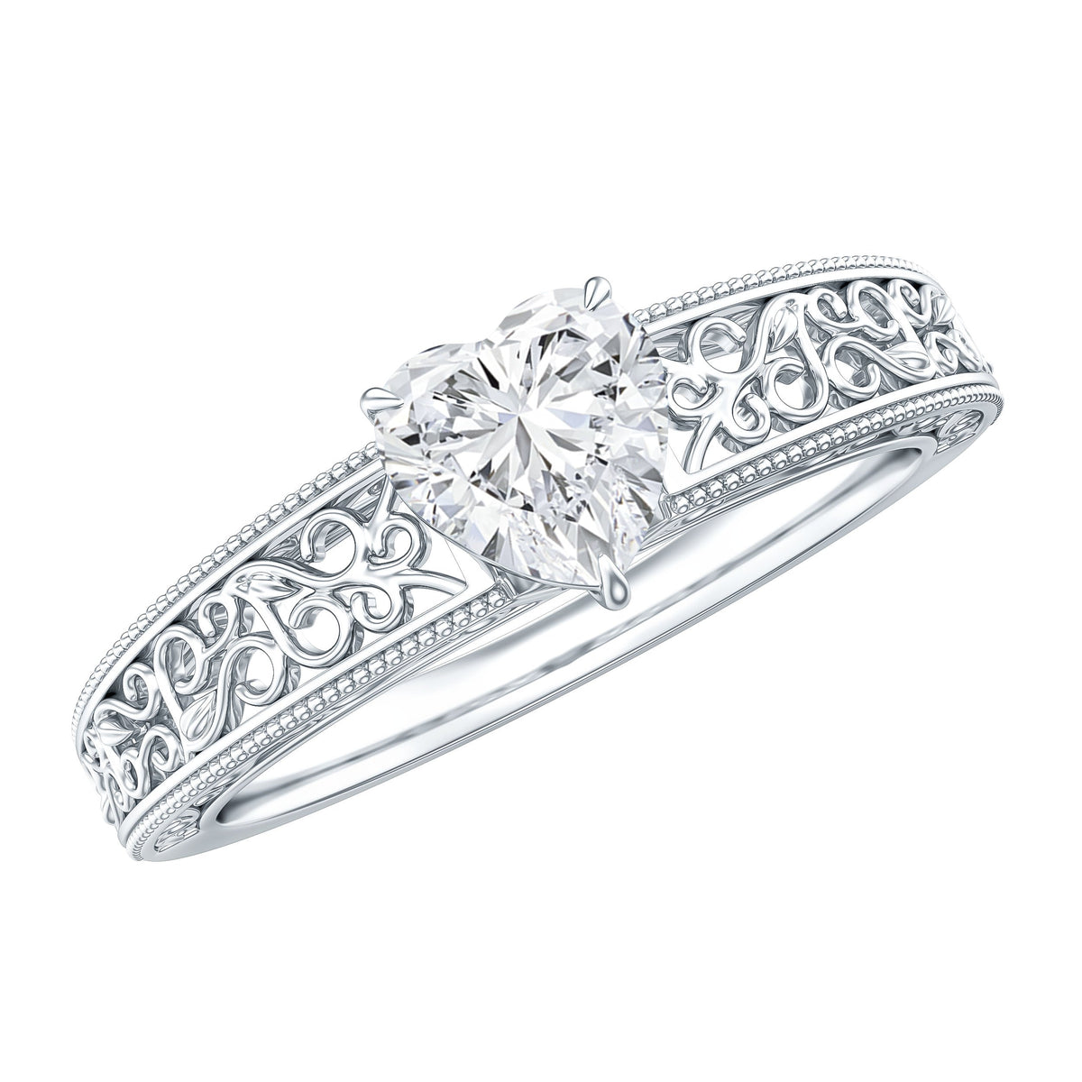 Vintage Inspired Heart Shape Lab Grown Diamond Solitaire Filigree Ring