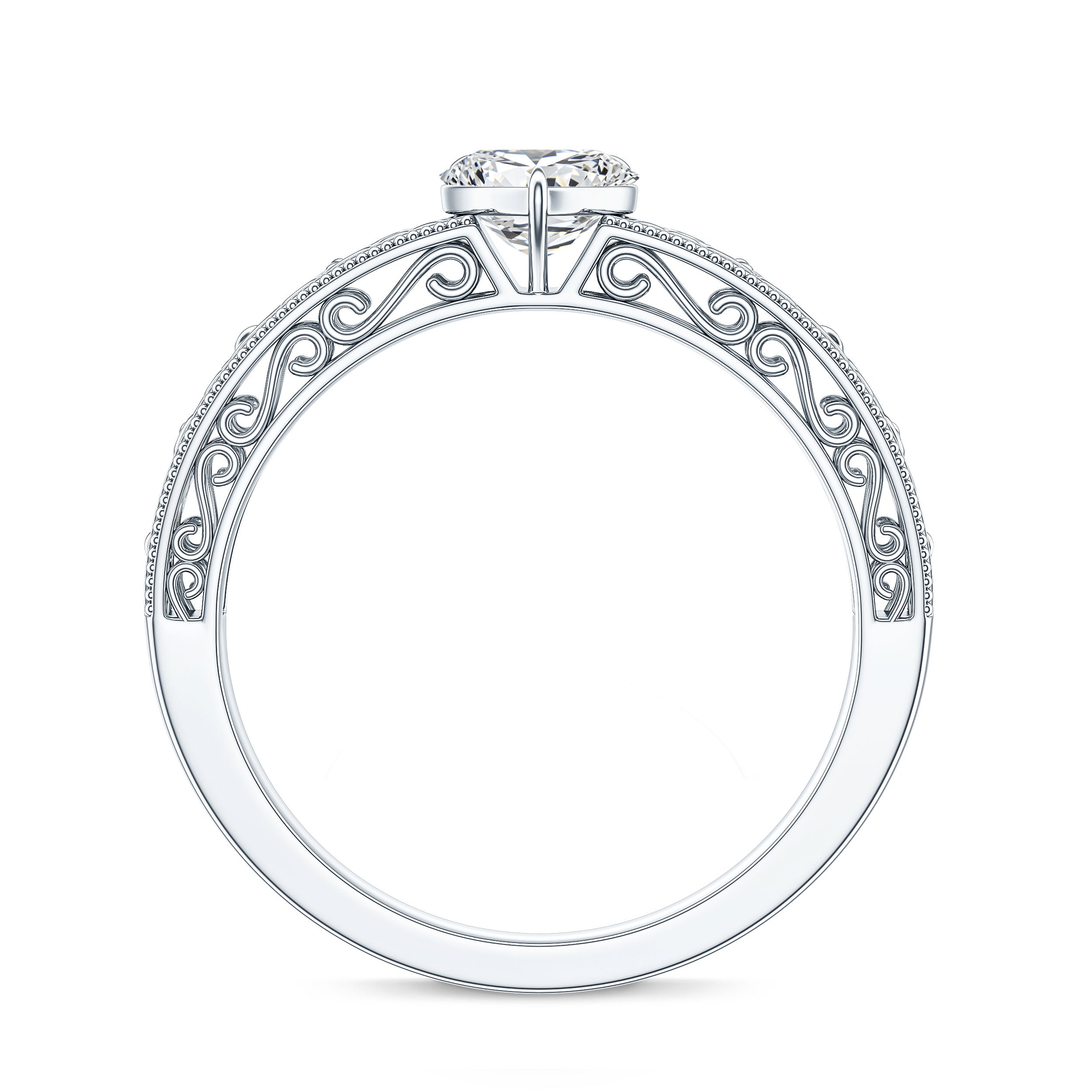 Vintage Inspired Heart Shape Lab Grown Diamond Solitaire Filigree Ring