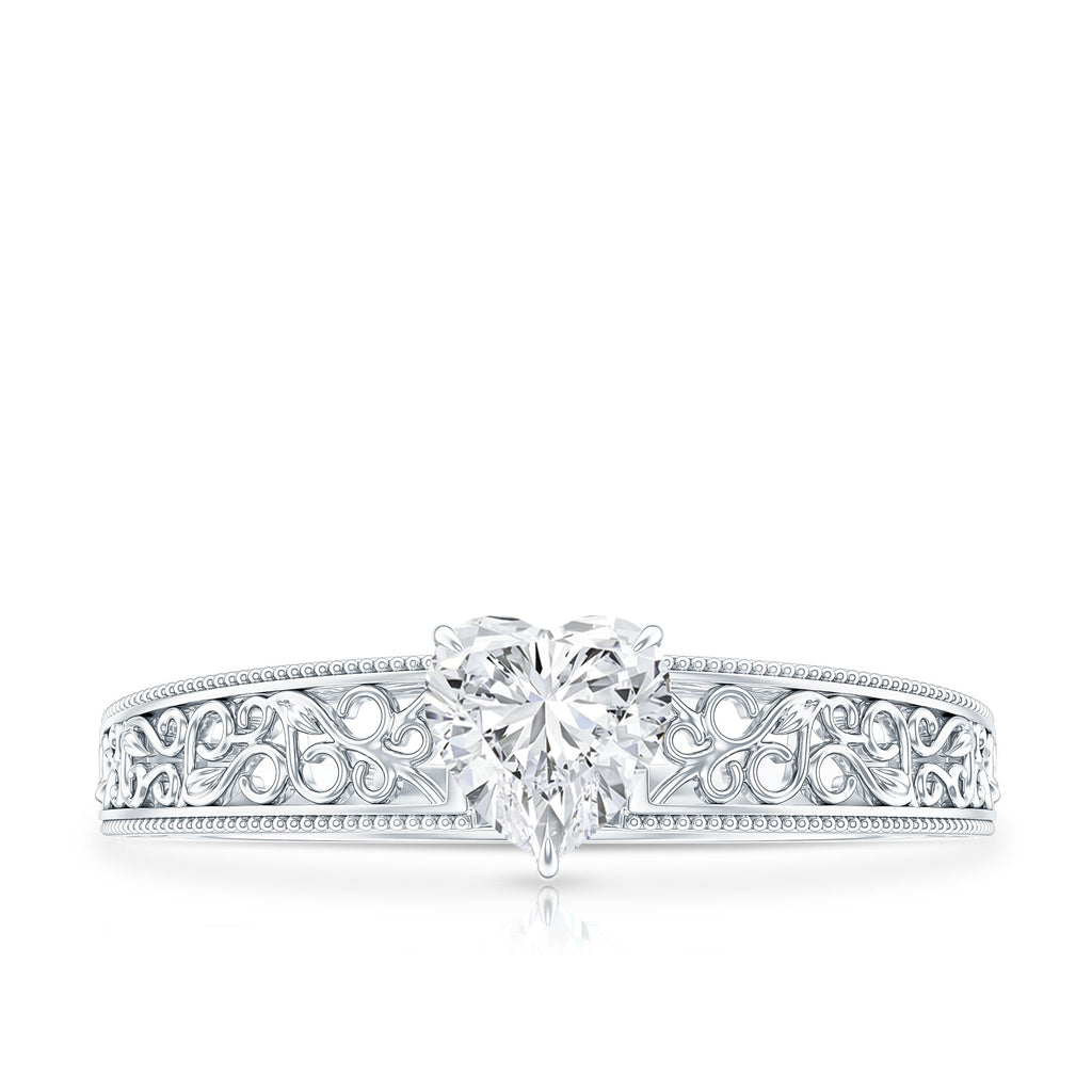 Vintage Inspired Heart Shape Lab Grown Diamond Solitaire Filigree Ring
