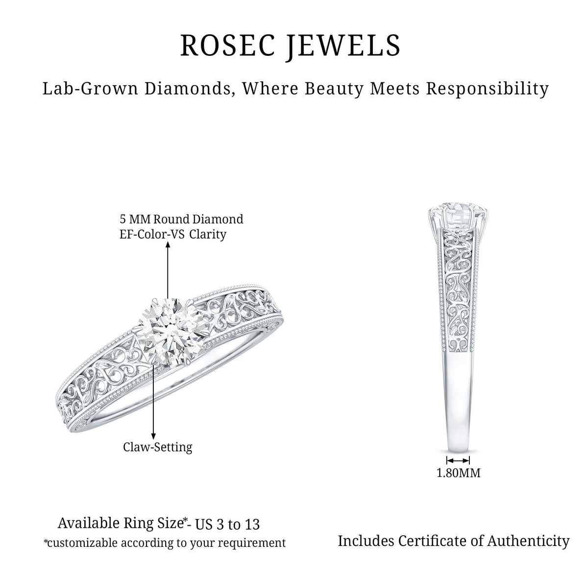 Vintage Inspired Solitaire Lab Grown Diamond Filigree Ring