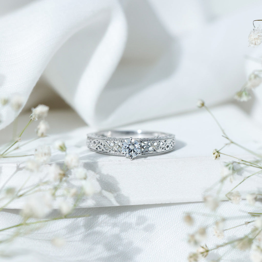 Vintage Inspired Solitaire Lab Grown Diamond Filigree Ring