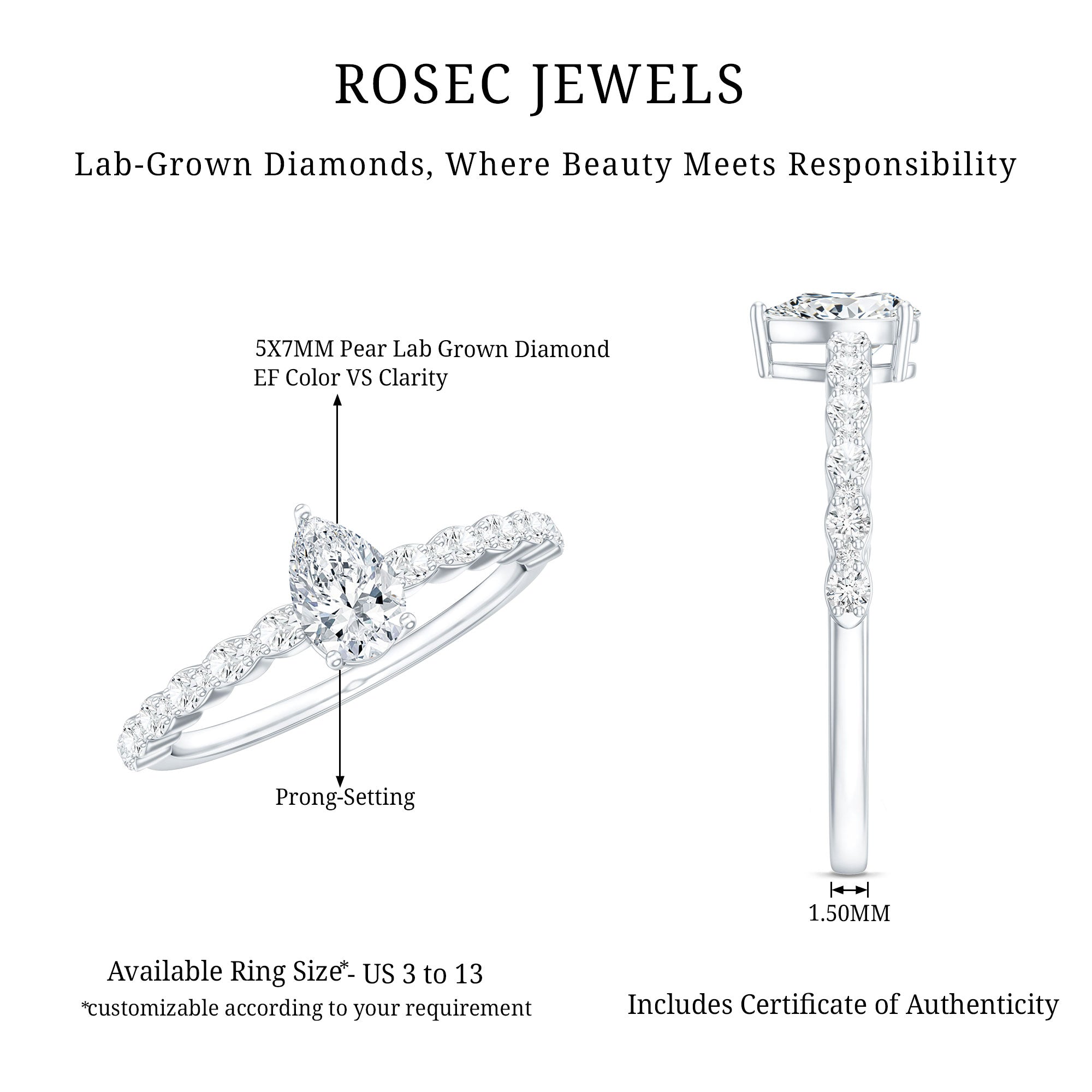 Pear Shape Lab Grown Diamond Solitaire Promise Ring with Side Stones