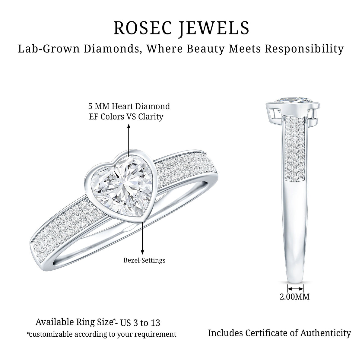 Heart Shape Lab Grown Diamond Solitaire Ring with Side Stones