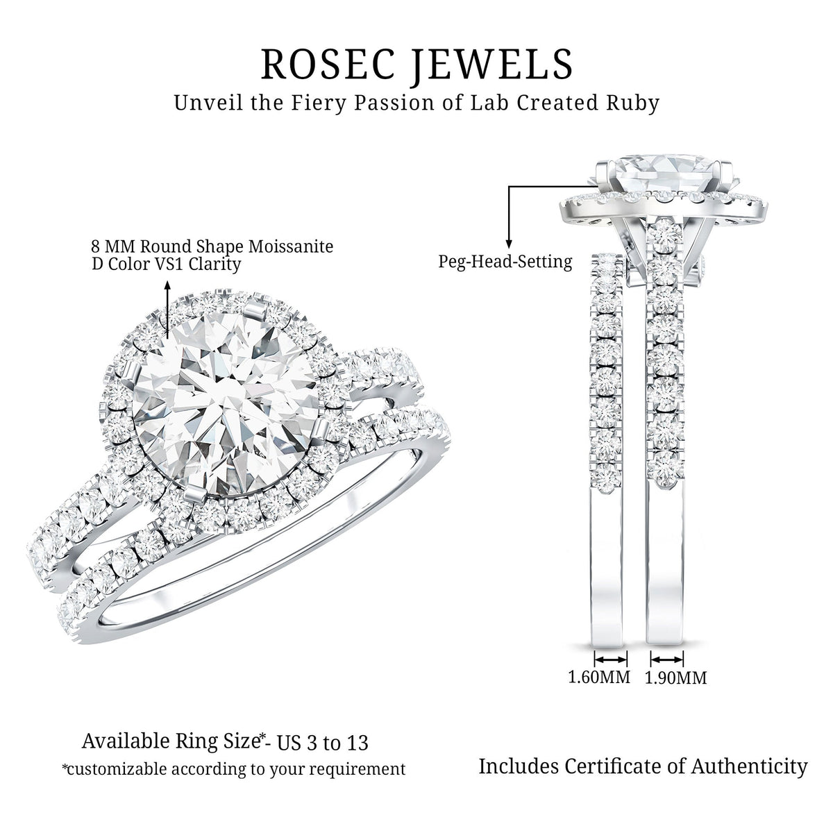 2 Carat Moissanite Classic Halo Wedding Ring Set