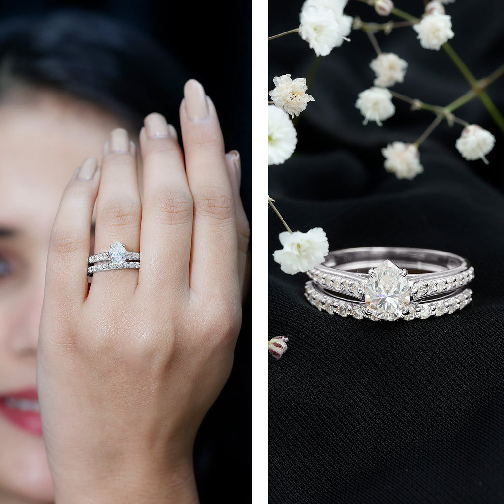 Certified 1 Carat Moissanite Pear Shaped Engagement Ring with Enhancer