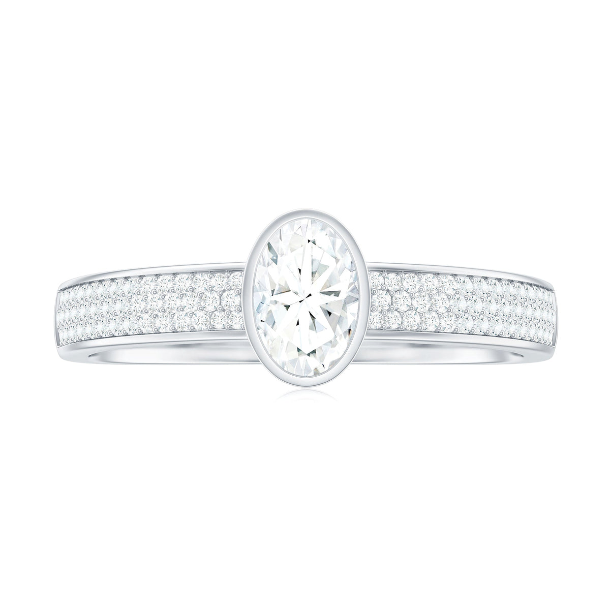 Oval Cut Moissanite Side Stone Engagement Ring in Bezel Setting