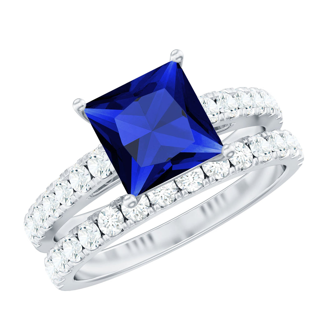 Certified Lab Grown Blue Sapphire Princess Cut Engagement Ring Set with Moissanite