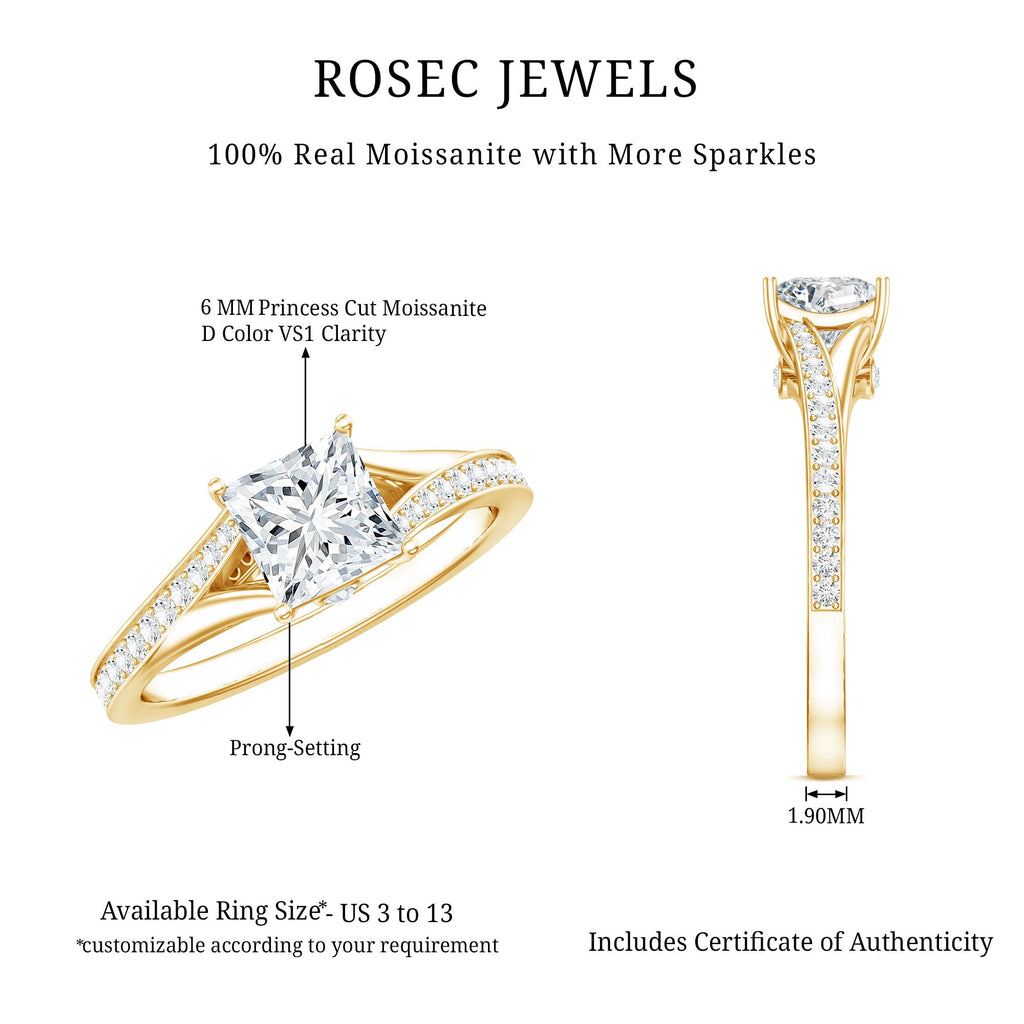 Certified Princess Cut Moissanite Engagement Ring With Split Shank