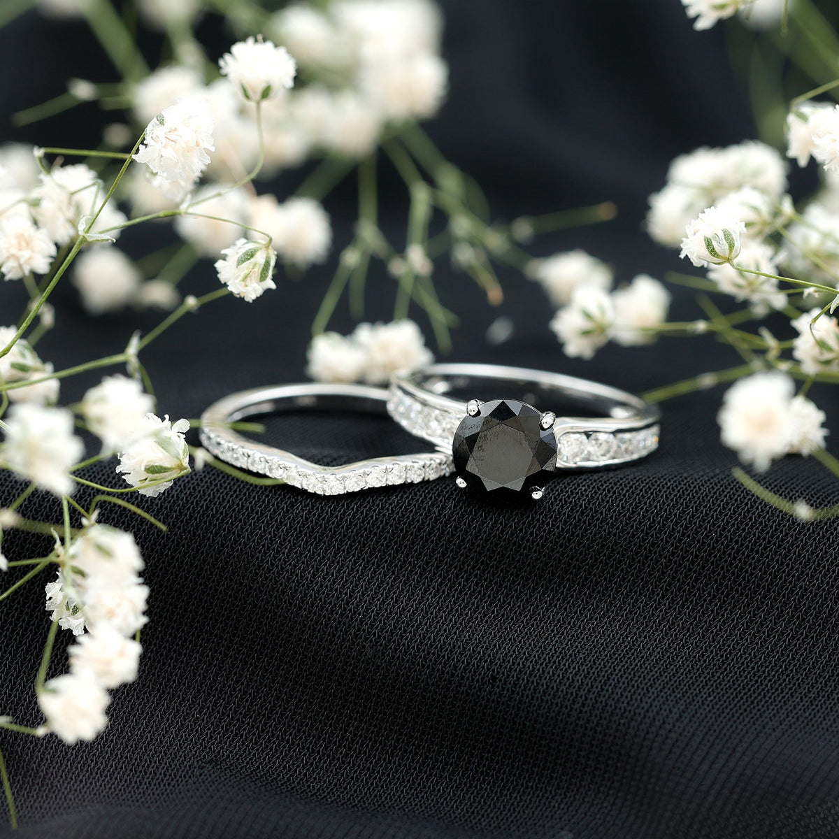 2 Carat Lab Grown Black Diamond Engagement Ring with Moissanite Enhancer