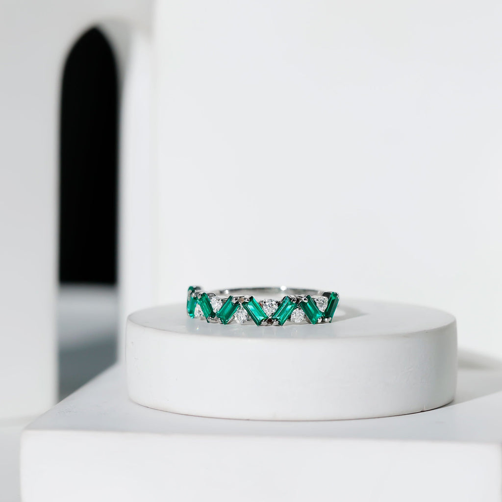 Baguette Shape Lab Grown Emerald and Diamond Half Eternity Ring