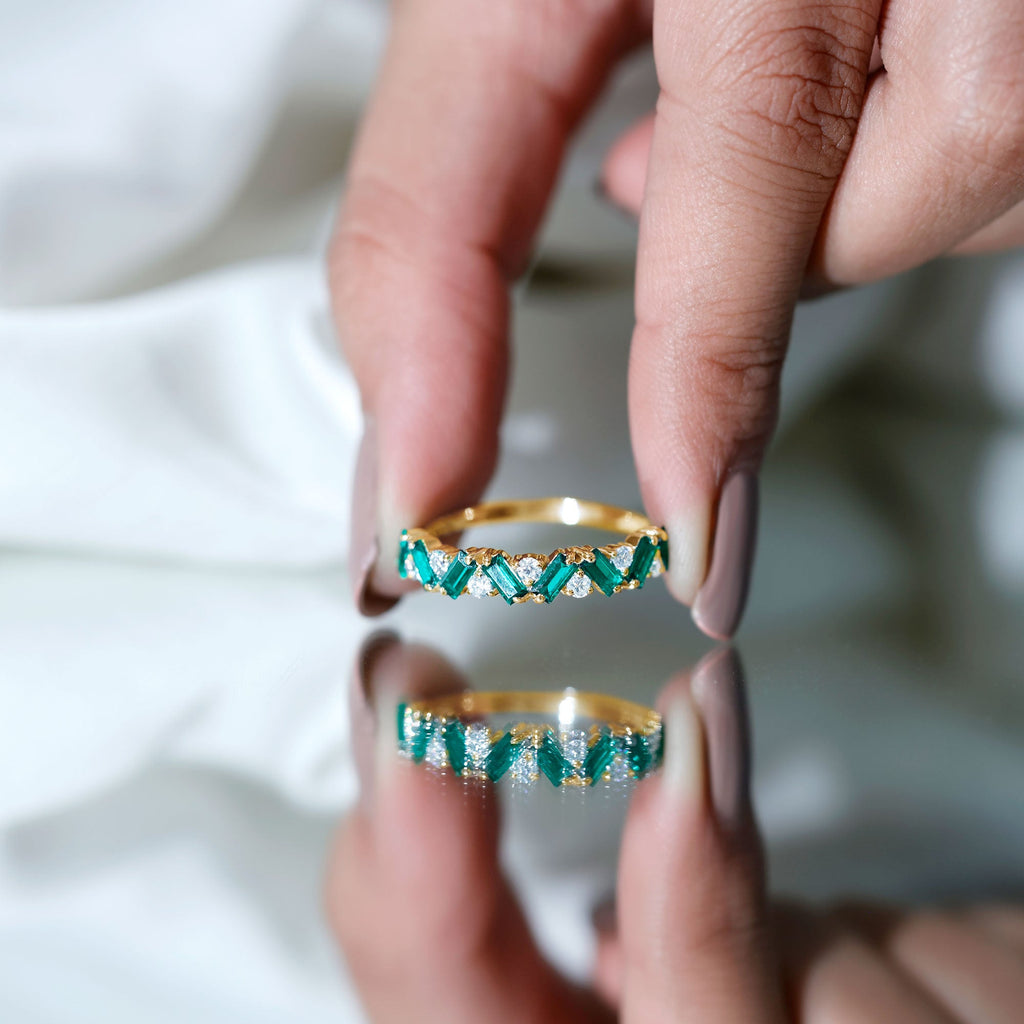 Baguette Shape Lab Grown Emerald and Diamond Half Eternity Ring