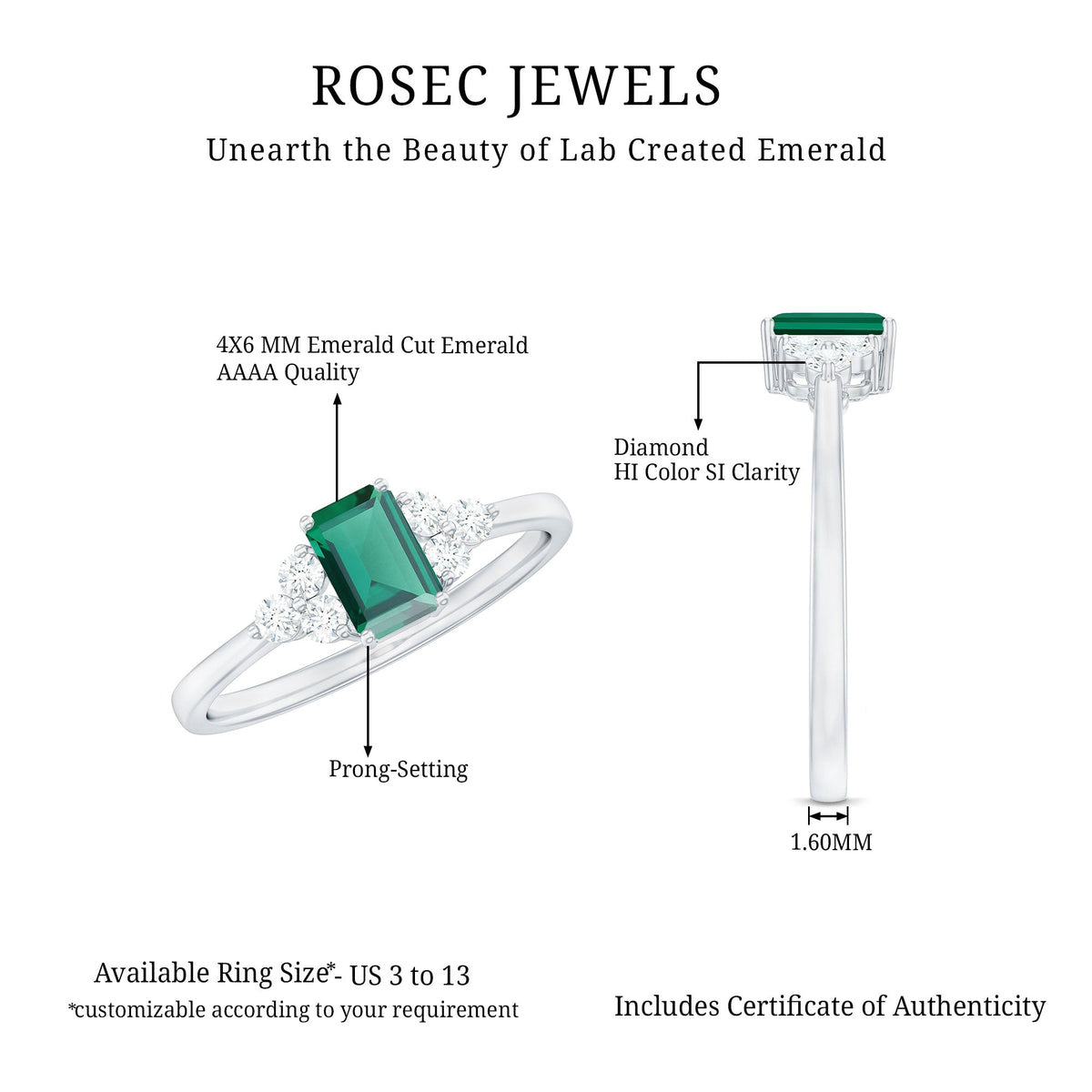 Certified Lab Grown Emerald Cut Emerald Engagement Ring with Diamond Trio
