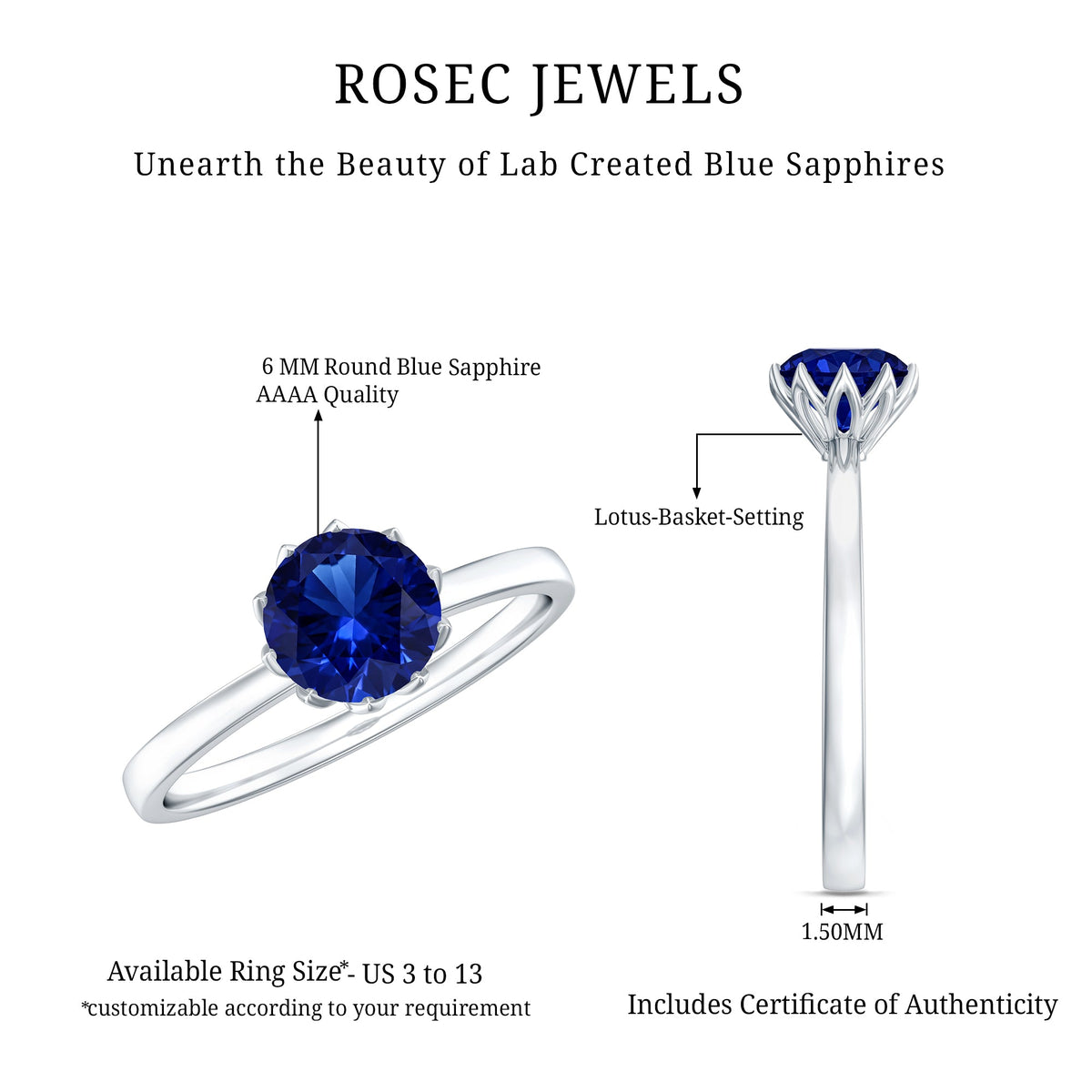 Certified 1 Carat Lab Grown Blue Sapphire Solitaire Engagement Ring