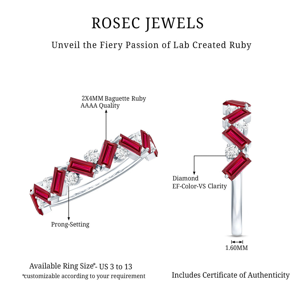 Baguette Shape Lab Grown Ruby Half Eternity Band with Diamond