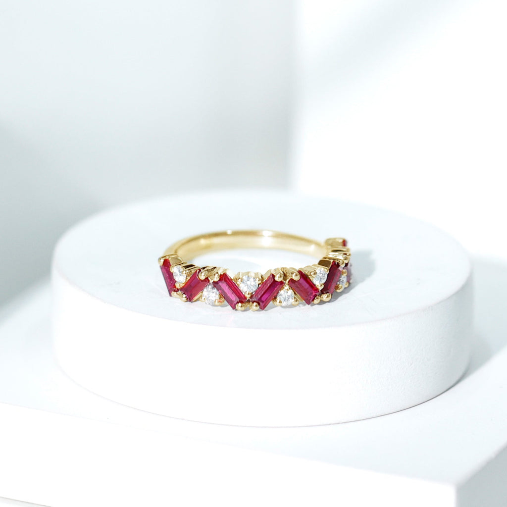 Baguette Shape Lab Grown Ruby Half Eternity Band with Diamond