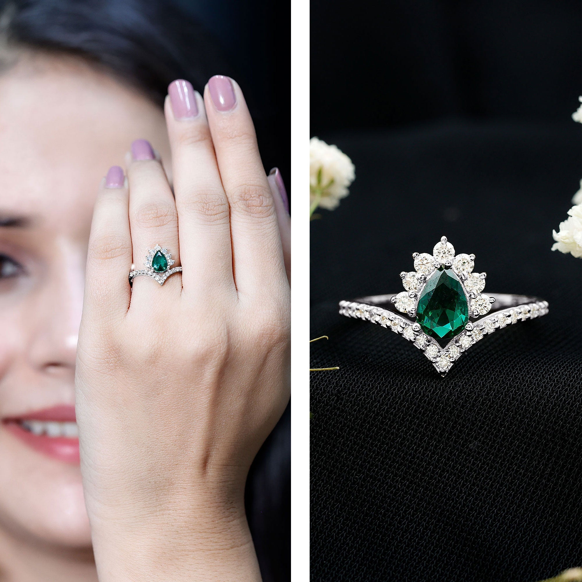 Lab Grown Emerald and Diamond Designer Engagement Ring