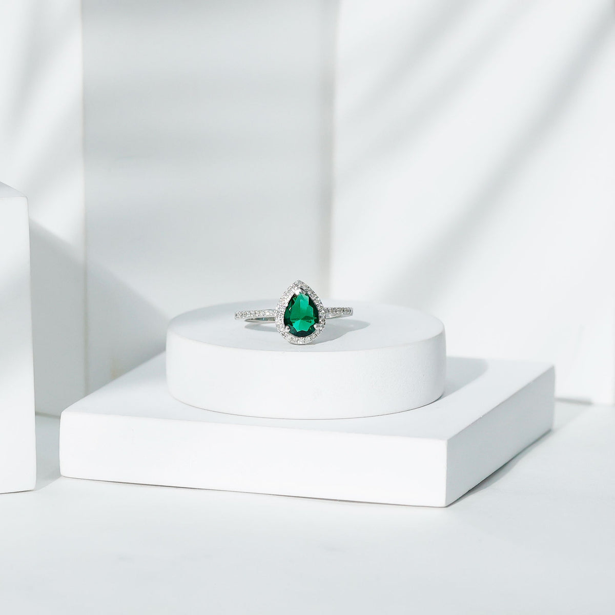 Certified Lab Grown Emerald Teardrop Engagement Ring with Diamond Halo