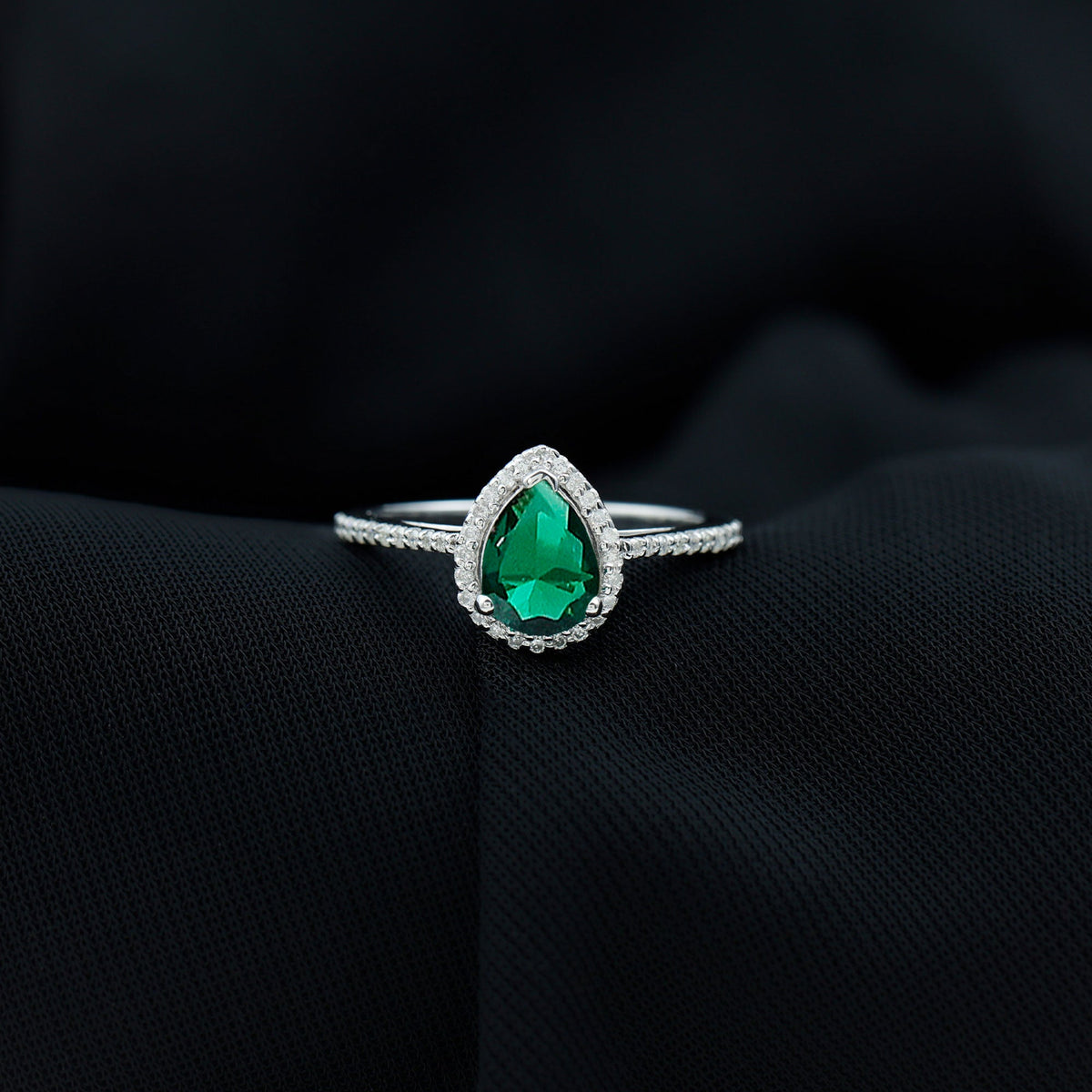 Certified Lab Grown Emerald Teardrop Engagement Ring with Diamond Halo