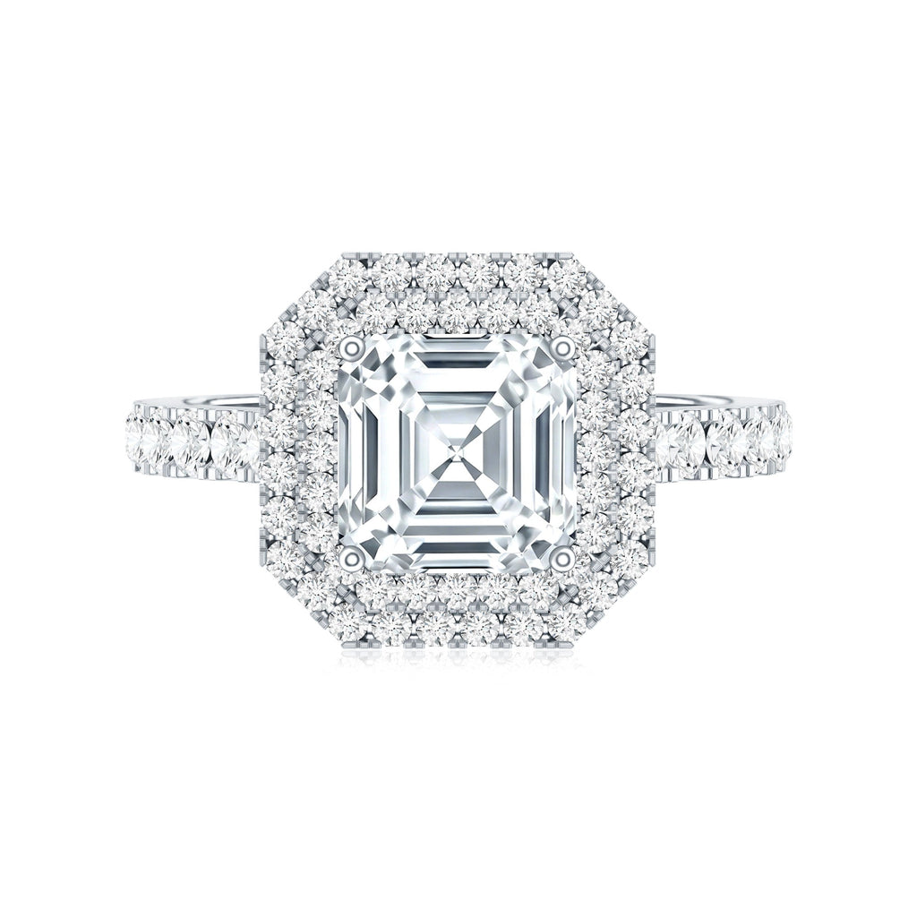 Certified Asscher Cut Moissanite Double Halo Engagement Ring
