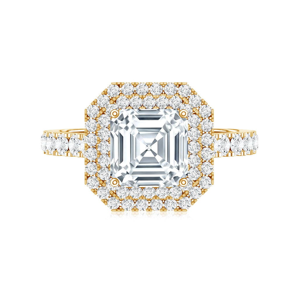 Certified Asscher Cut Moissanite Double Halo Engagement Ring