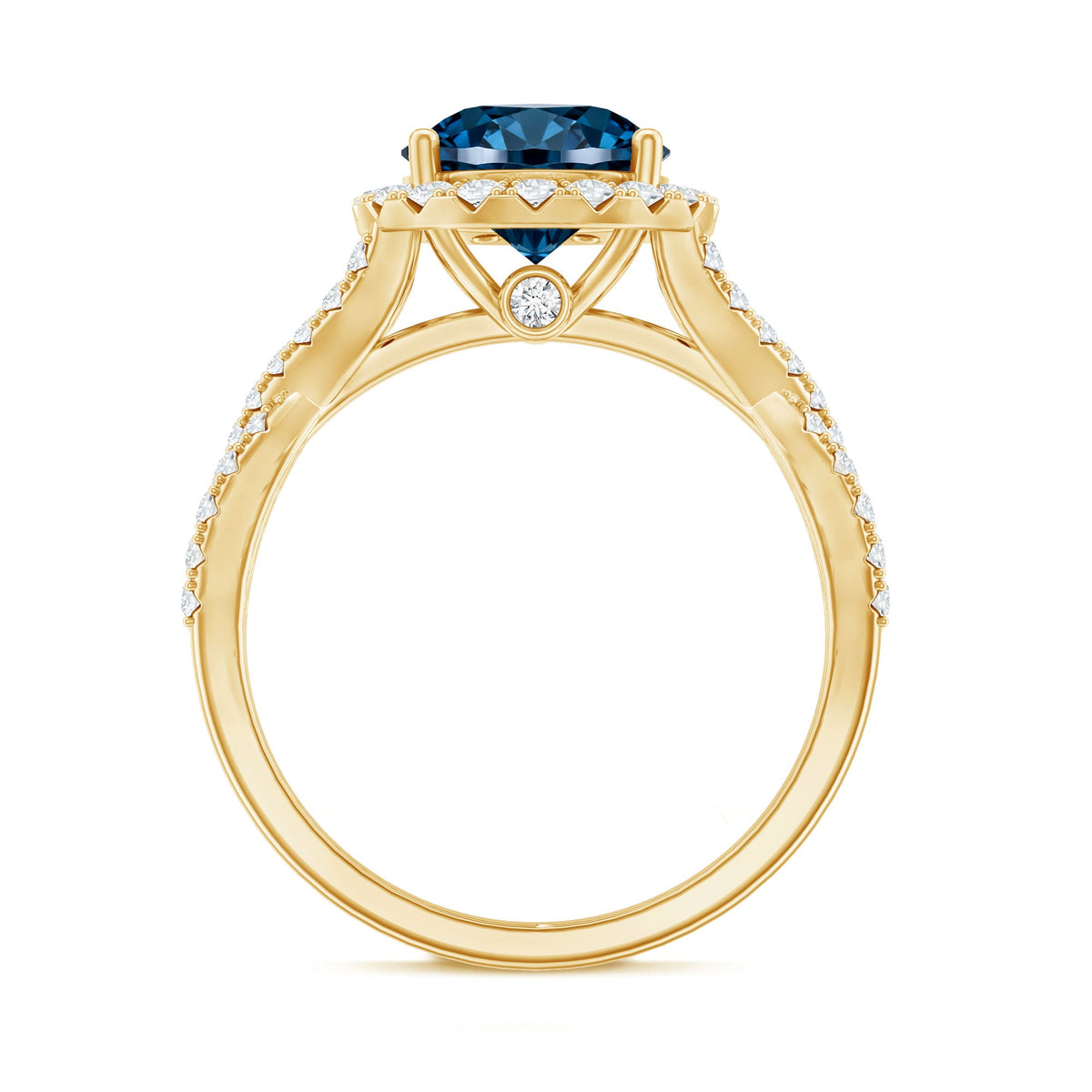 2 Carat Round London Blue Topaz Crossover Engagement Ring with Diamond Halo