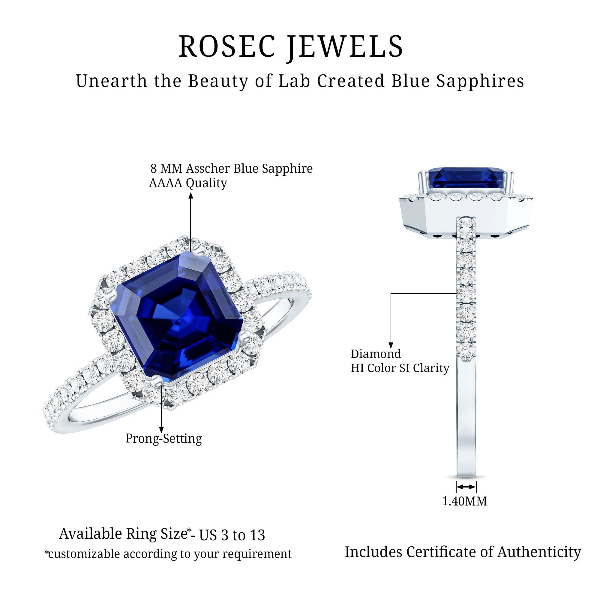 Certified 4.8 Carat Lab Grown Blue Sapphire Asscher Cut Engagement Ring with Diamond Halo