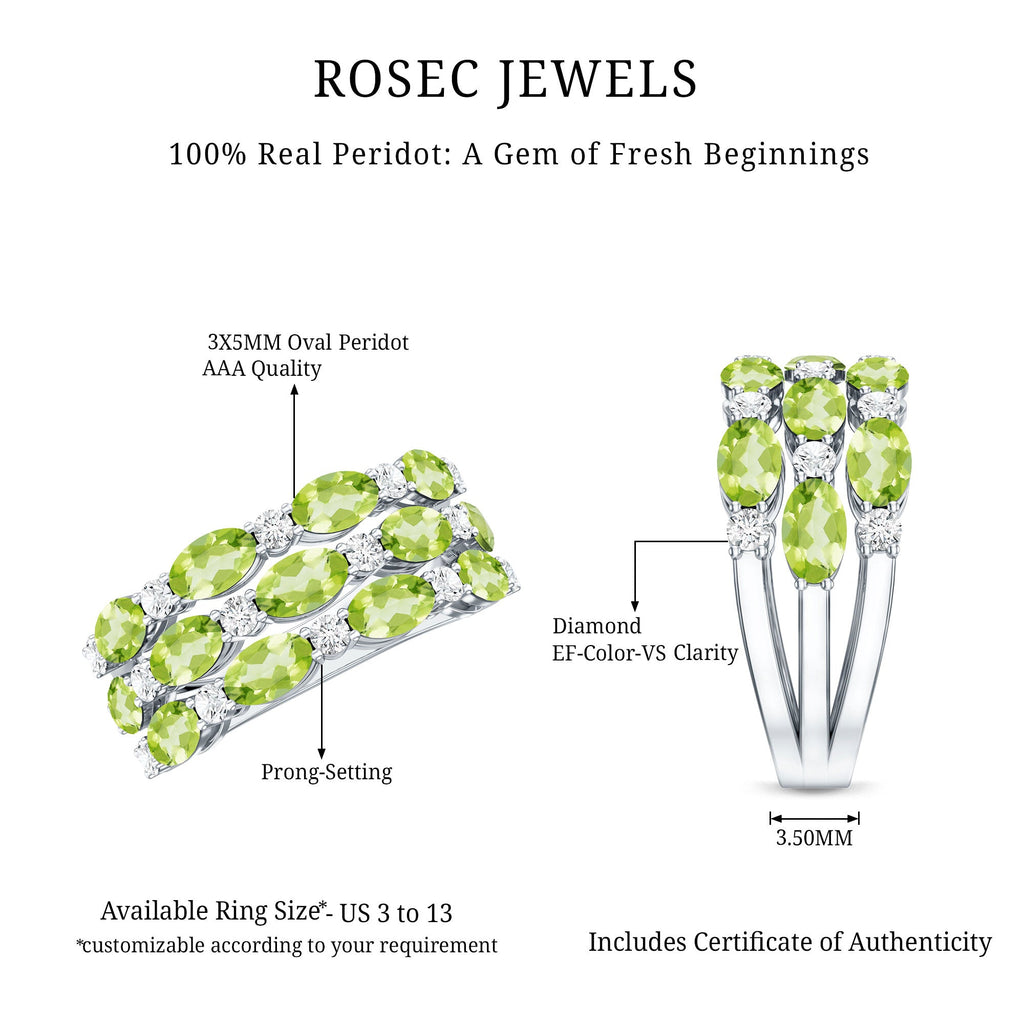 Certified Natural Peridot 3 Row Wedding Band with Diamond