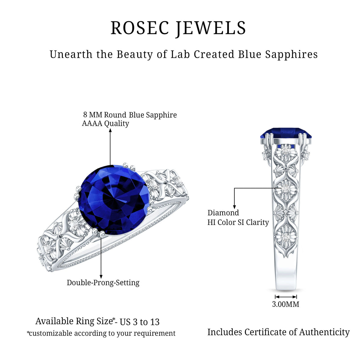 Nature Inspired 2.7 Carat Lab Grown Blue Sapphire Engagement Ring with Diamond