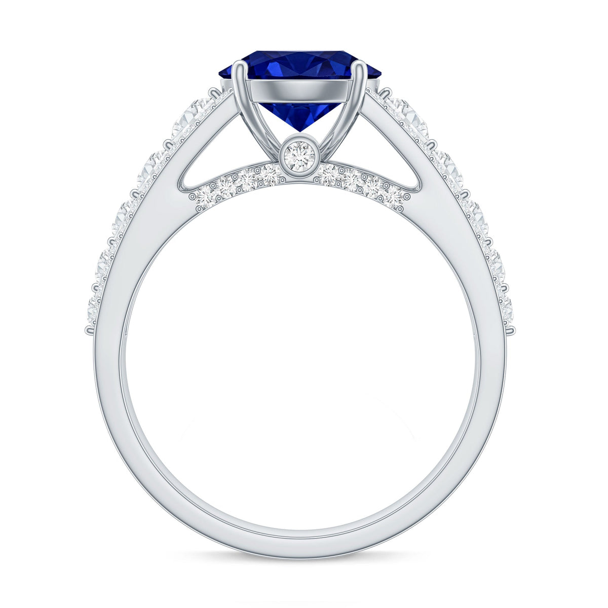 Solitaire Created Blue Sapphire Statement Engagement Ring with Moissanite