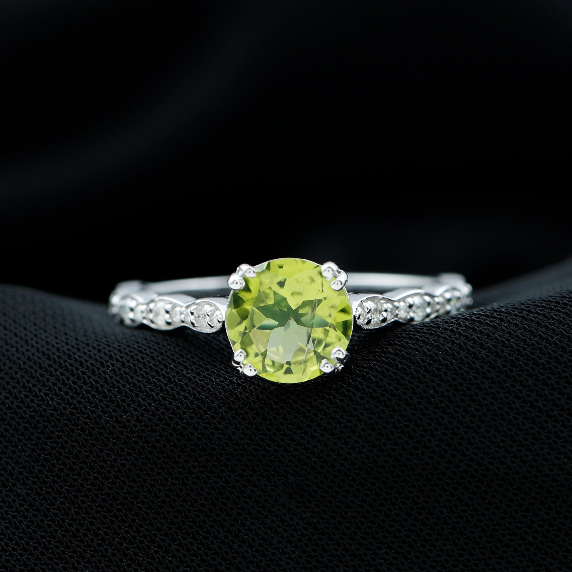 Real 2 Carat Peridot Solitaire Engagement Ring with Diamond Side Stones