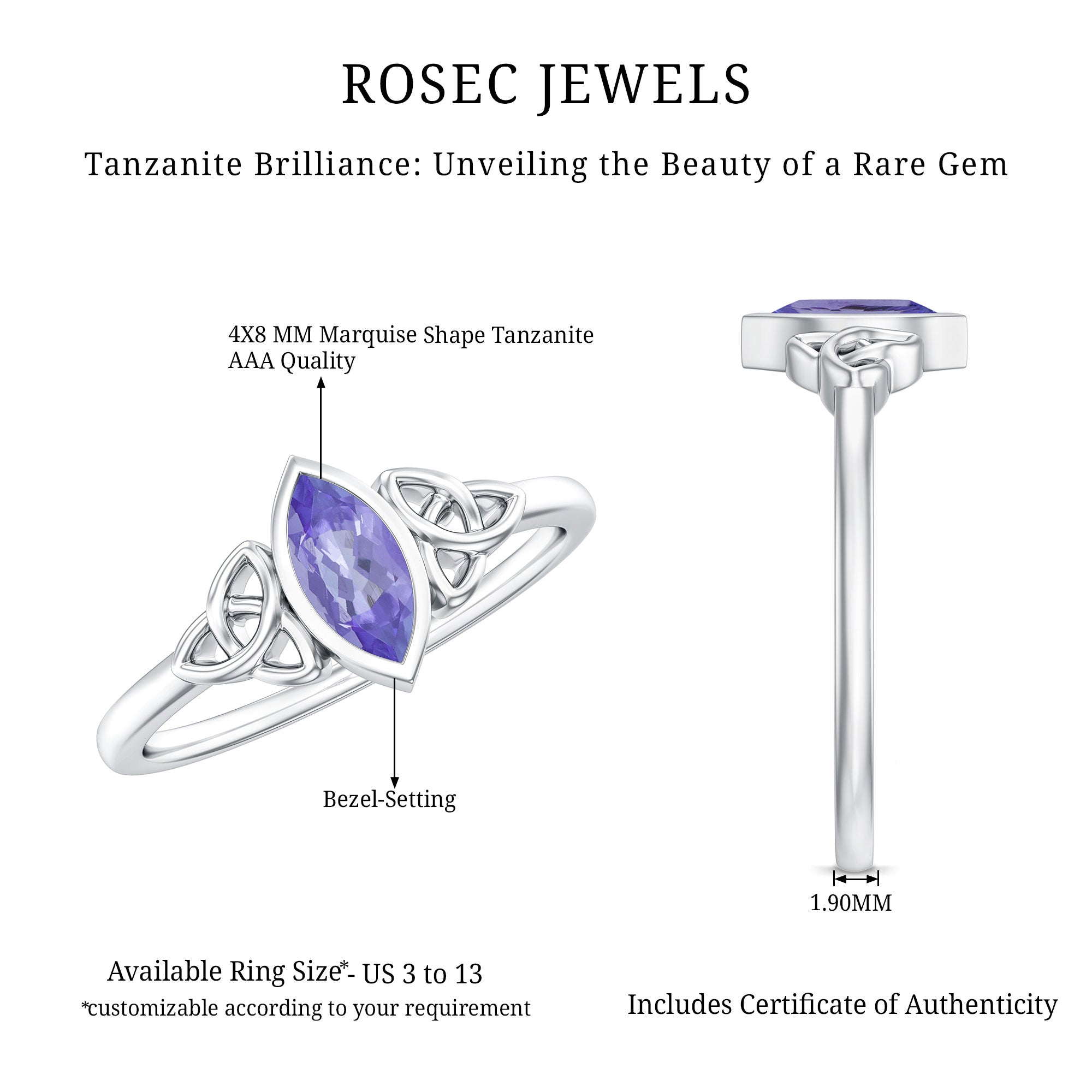 Natural Bezel Set Marquise Tanzanite Promise Ring with Celtic Knot