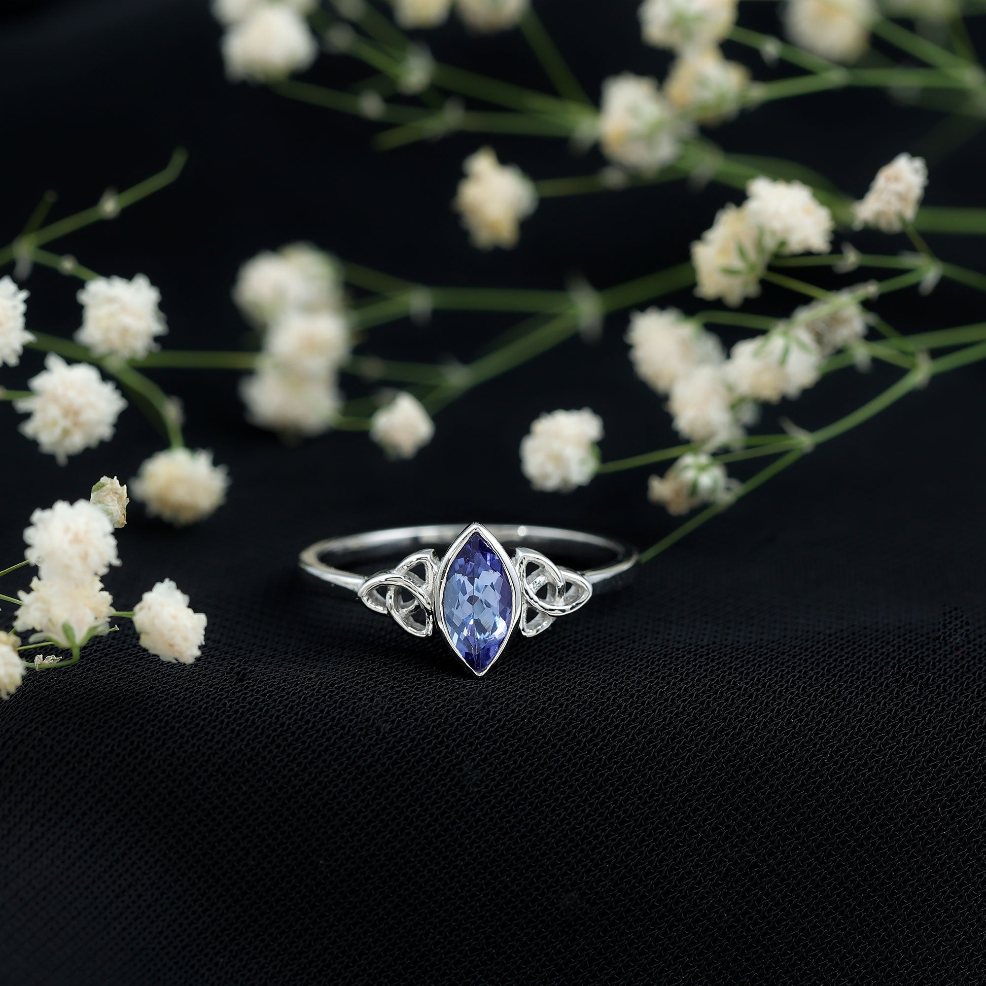 Natural Bezel Set Marquise Tanzanite Promise Ring with Celtic Knot