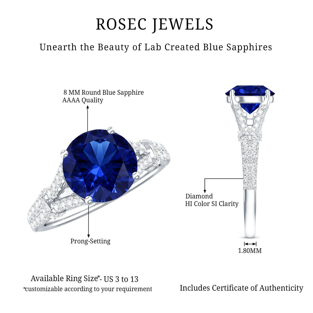 Certified 2.7 Carat Lab Grown Blue Sapphire Engagement Ring with Diamond Split Shank