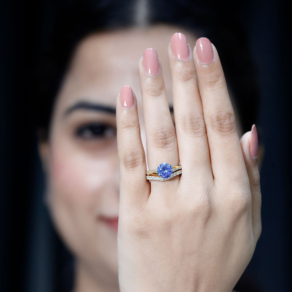 Certified 2.7 Carat Lab Grown Blue Sapphire Engagement Wedding Ring Set with Moissanite