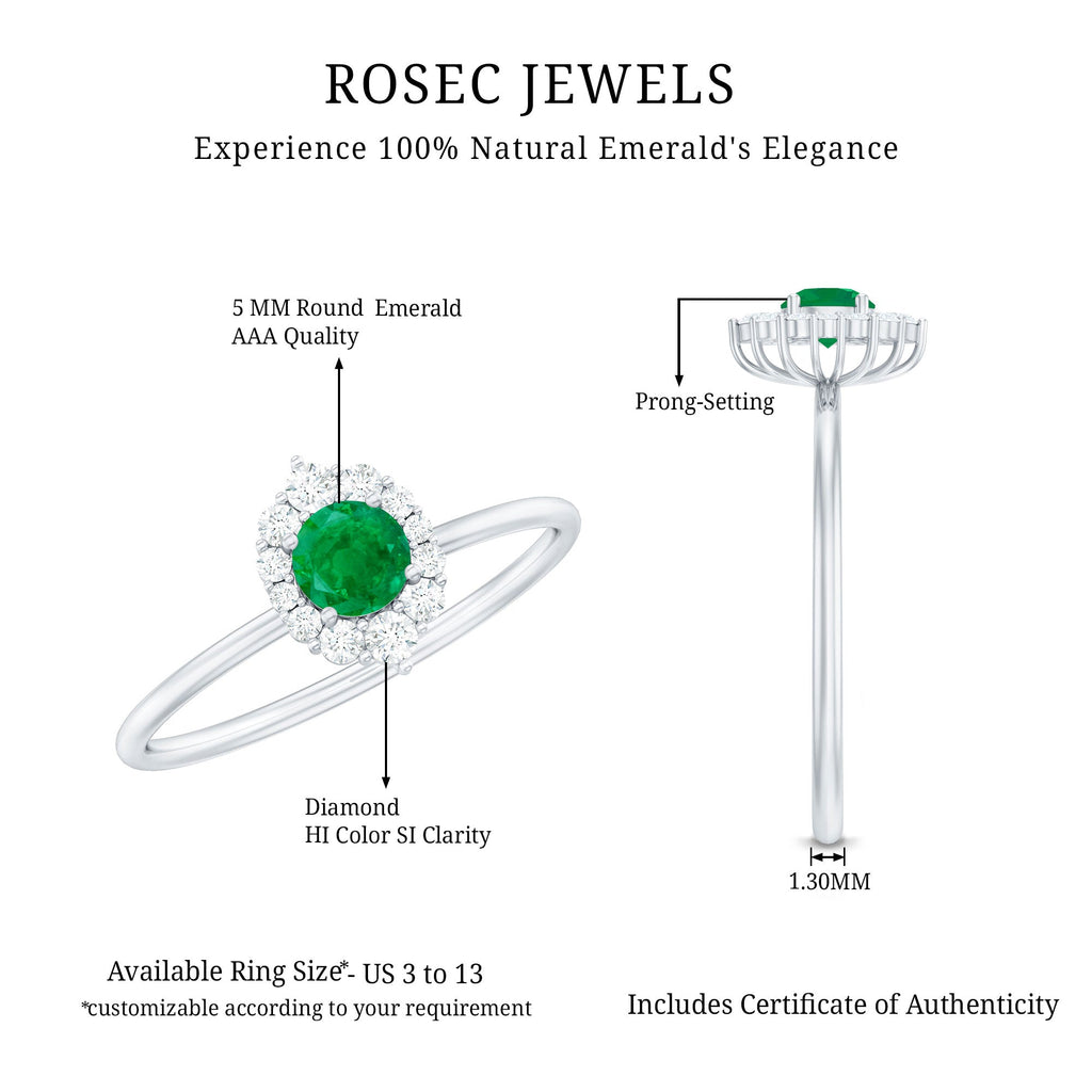 Certified Natural Emerald Promise Ring with Diamond Halo