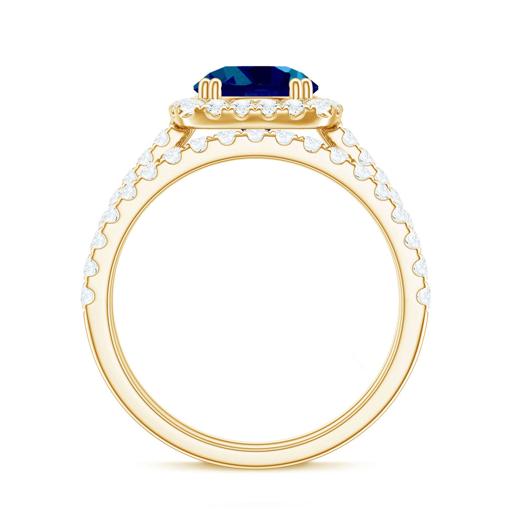 Genuine Blue Topaz and Diamond Halo Wedding Ring Set