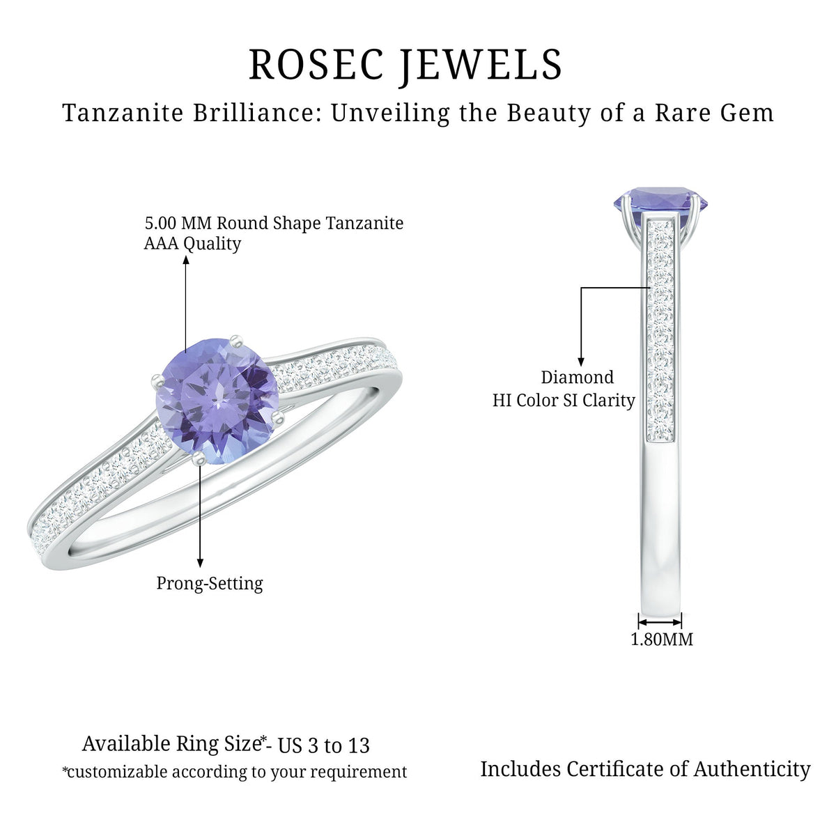 Natural Tanzanite Solitaire Engagement Ring with Diamond